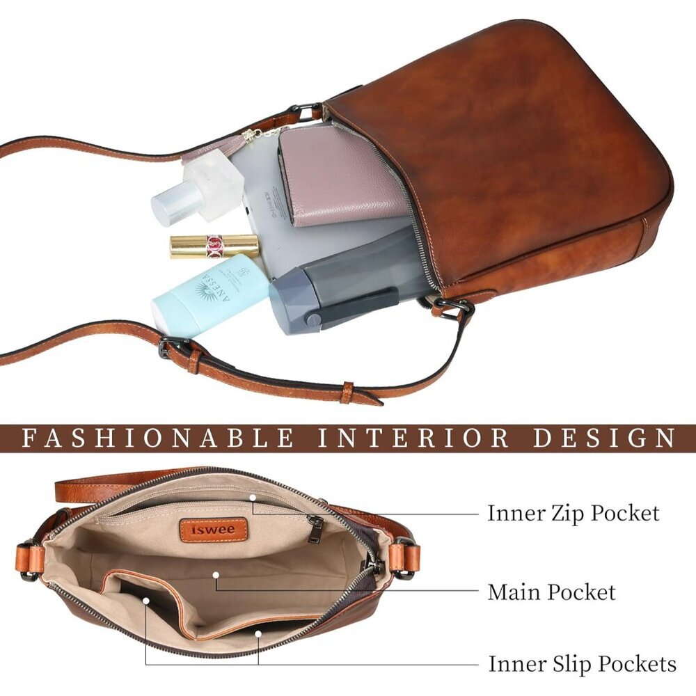 Compact Leather Shoulder Bag with Adjustable Strap - Daily Essentials Carrier - Picture 6 of 7